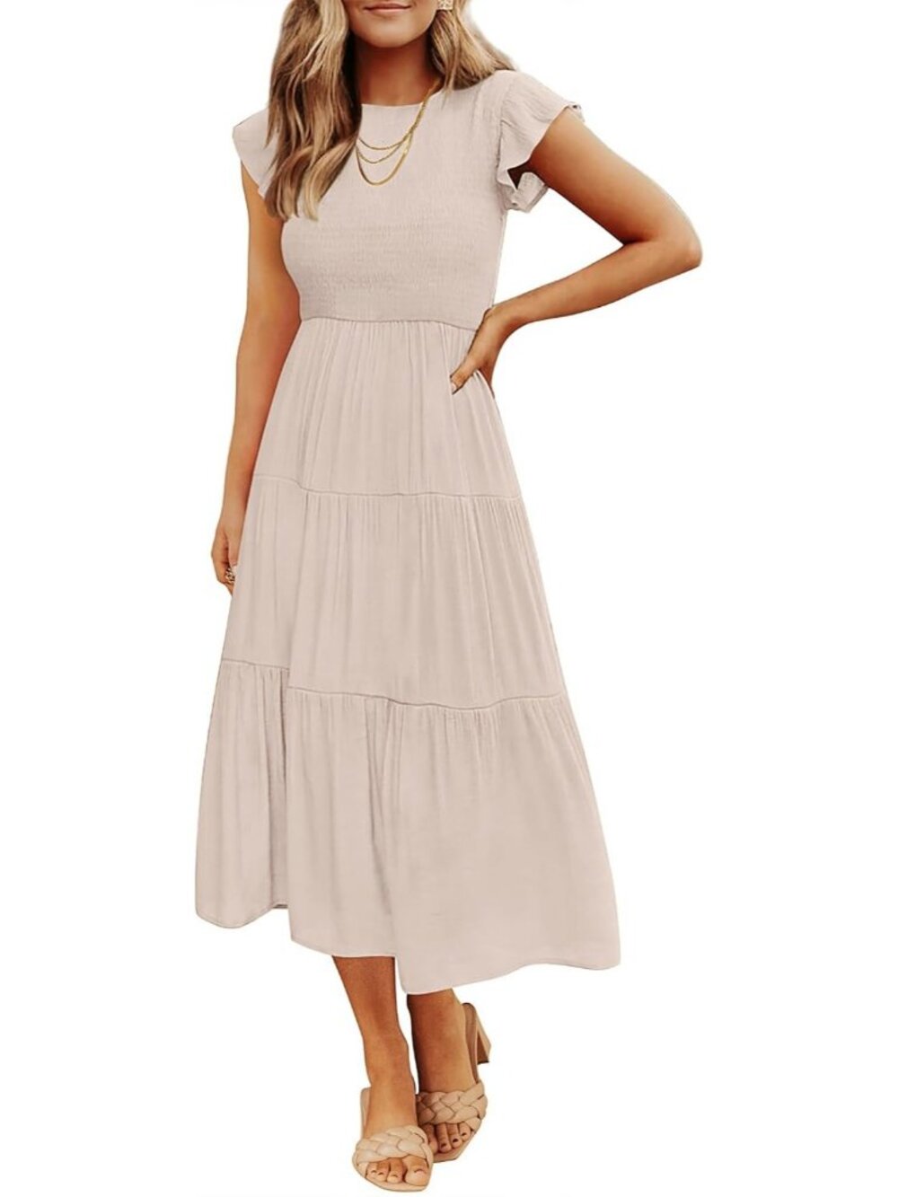Women's Apricot Crew Neck Casual Classic Short Sleeve Pull On Midi Dresses